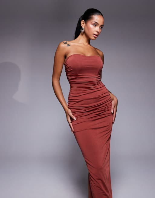 TFNC bandeau ruched midi dress in deep rust, 4 of 4