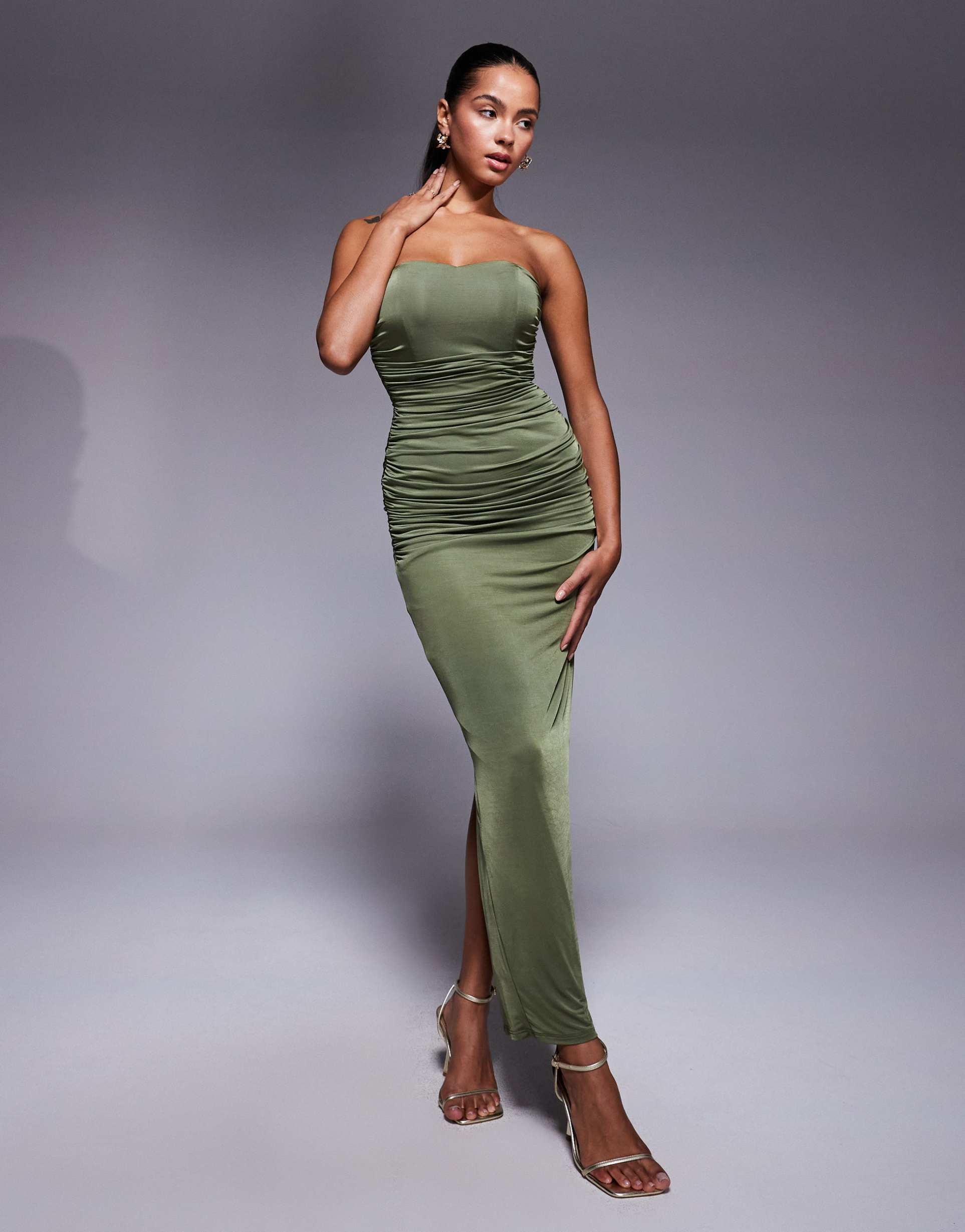 tfnc bandeau ruched midi dress in olive