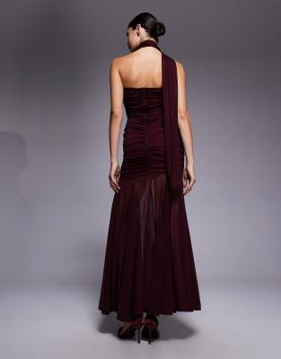 Tfnc Bandeau Ruched Scarf Detail Sheer Hem Maxi Dress In Burgundy