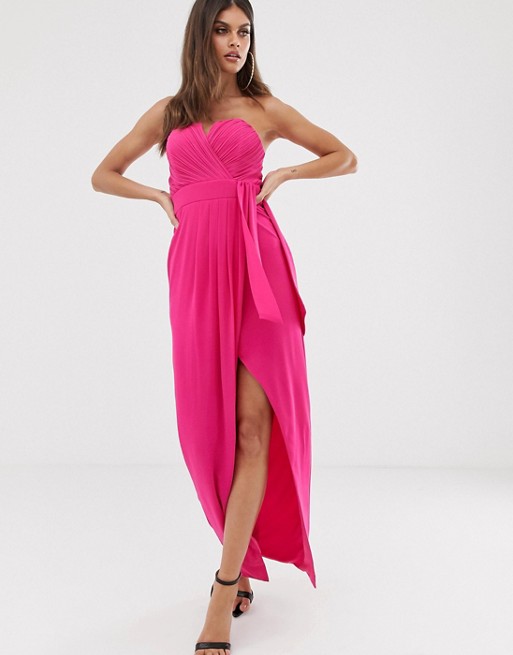 TFNC bandeau wrap midaxi dress with pleated detail in fuchsia