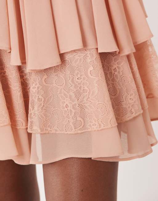 TFNC bardot chiffon lace mini dress with scarf in pale pink, 3 of 4