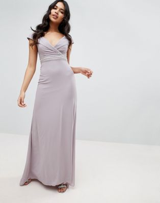 tfnc bardot maxi bridesmaid dress with fishtail and embellished waist