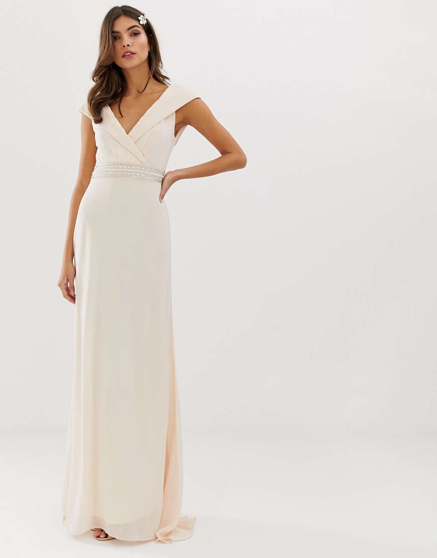 TFNC Bardot Maxi Bridesmaid Dress With Fishtail and Embellished Waist-Pink