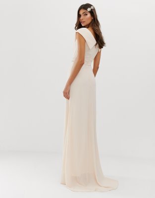 Tfnc bardot maxi bridesmaid dress with fishtail store and embellished waist