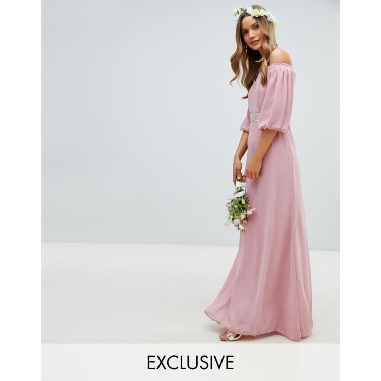 Tfnc bardot maxi bridesmaid dress with top fishtail and embellished waist