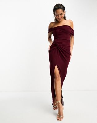 TFNC bardot maxi dress with pleat in burgundy