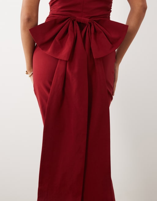 TFNC bengaline bardot bow back maxi dress in deep red, 3 of 4