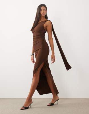 Tfnc Bengaline One Shoulder Draped Maxi Dress In Brown