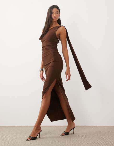 TFNC bengaline one shoulder draped maxi dress in chocolate - view 1