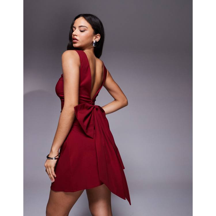 TFNC bengaline structured low back bow detail mini dress in burgundy | ASOS