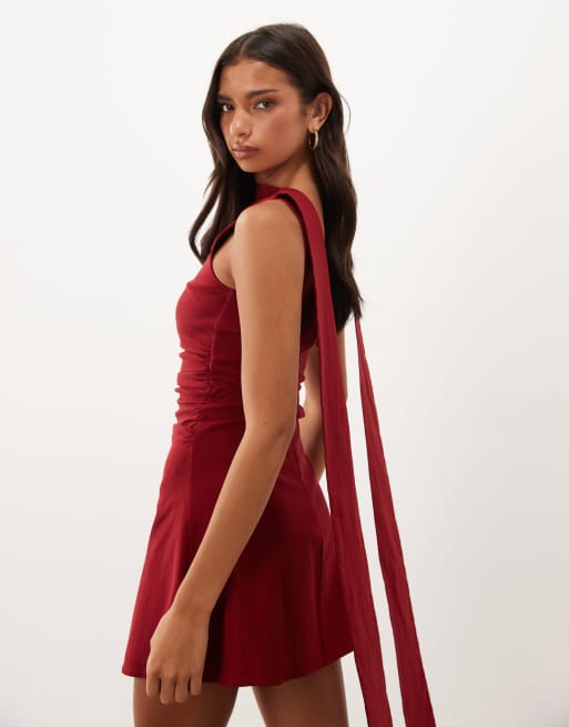 TFNC bengaline v back draped mini dress in deep red, 2 of 4
