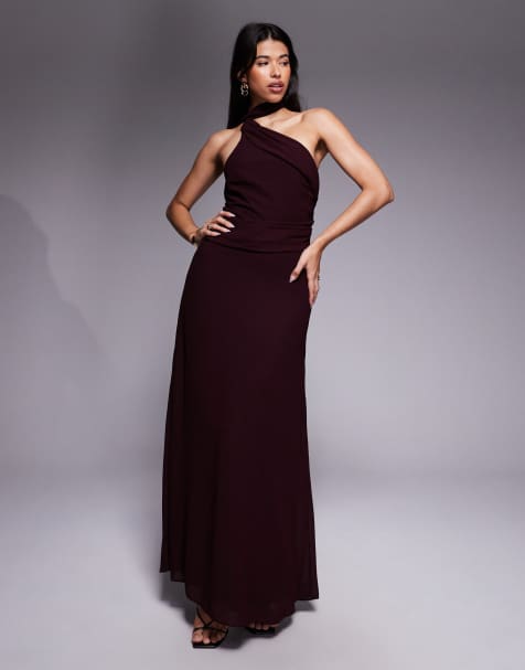 TFNC – Bordowa sukienka maxi na jedno ramię z szalem - view 1