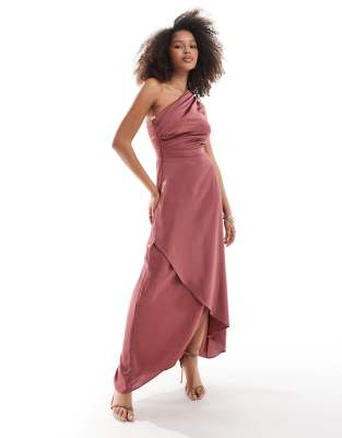 TFNC - Brautjungfern-Maxikleid aus Satin in Mulberry mit One-Shoulder-Träger-Schwarz