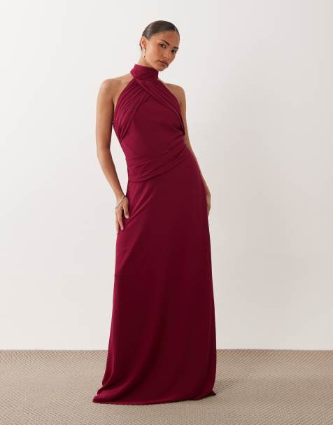 TFNC Brautjungfern Petite Chiffon-Maxikleid mit Neckholder und Drapierung in Himbeere - view 1