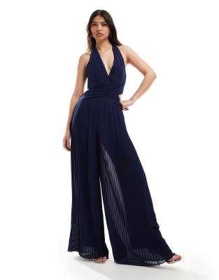 TFNC - Brautjungfernmode - Plissierter Neckholder-Jumpsuit aus Chiffon in Marineblau