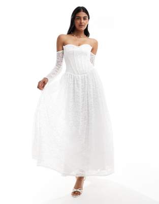 TFNC – Bridal – Biała sukienka maxi z gorsetową górą i koronkowymi rękawami