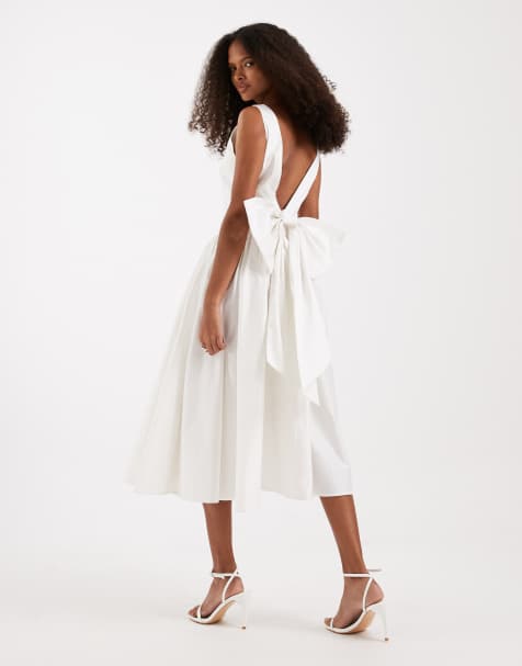 TFNC Bridal boat neck bow back cotton midi dress in ivory