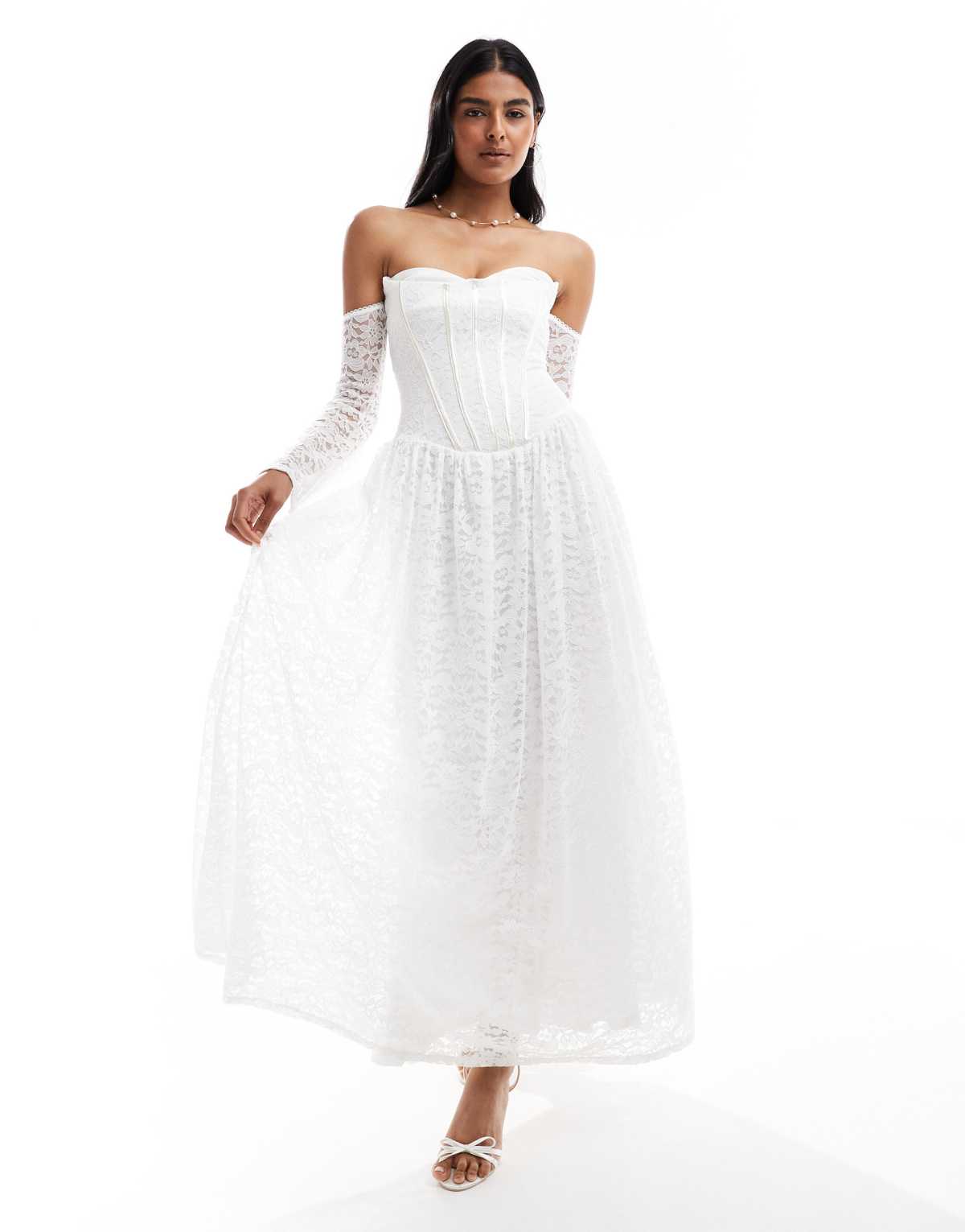 TFNC Bridal corset maxi dress with lace sleeves in white