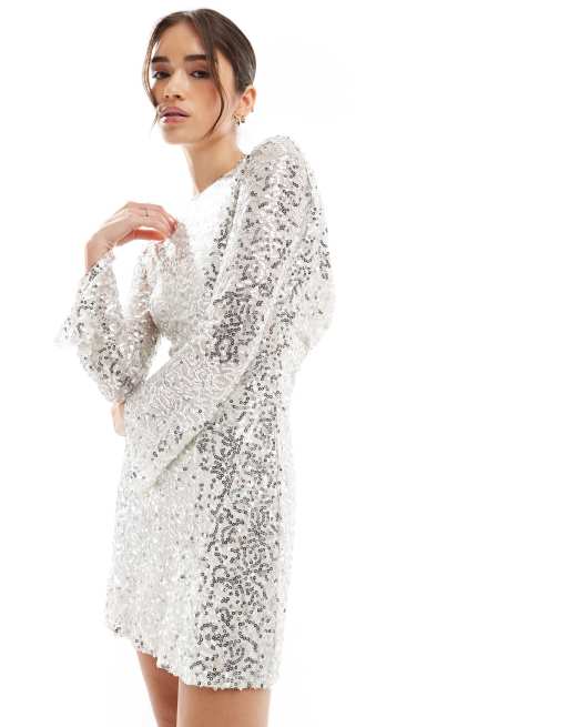 TFNC Bridal cowl back sequin mini dress in white 