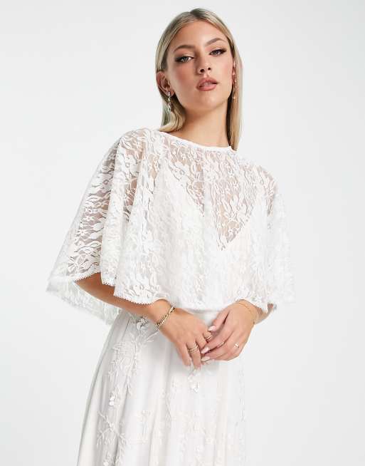 ASOS DESIGN Frankie beaded mesh plunge cap sleeve wedding dress in ivory