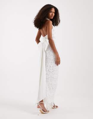 Tfnc Bridal Halter Neck Bow Back Lace Maxi Dress In White