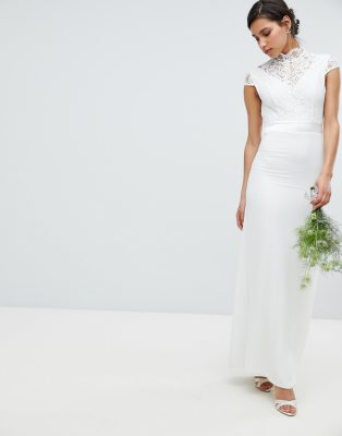 tfnc maxi bridesmaid dress with scalloped lace and open back