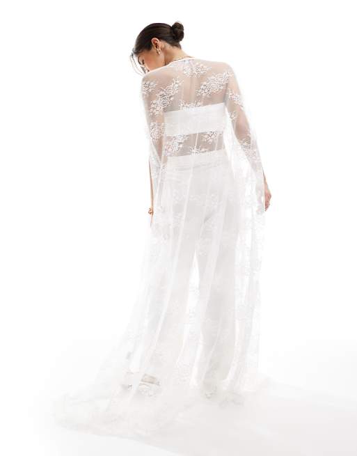 TFNC Bridal maxi lace cape with scallop detail in white