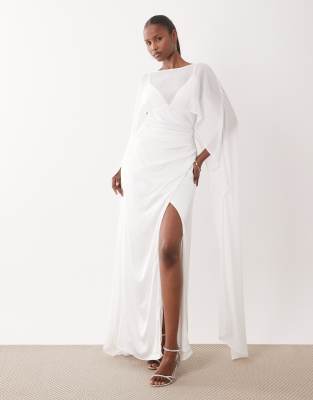 TFNC Bridal satin cami mesh cape detail maxi dress in ivory