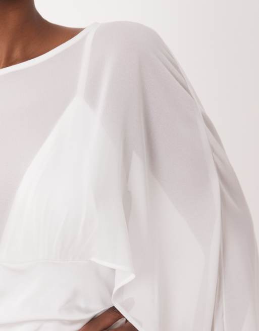 TFNC Bridal satin cami mesh cape detail maxi dress in ivory, 3 of 4