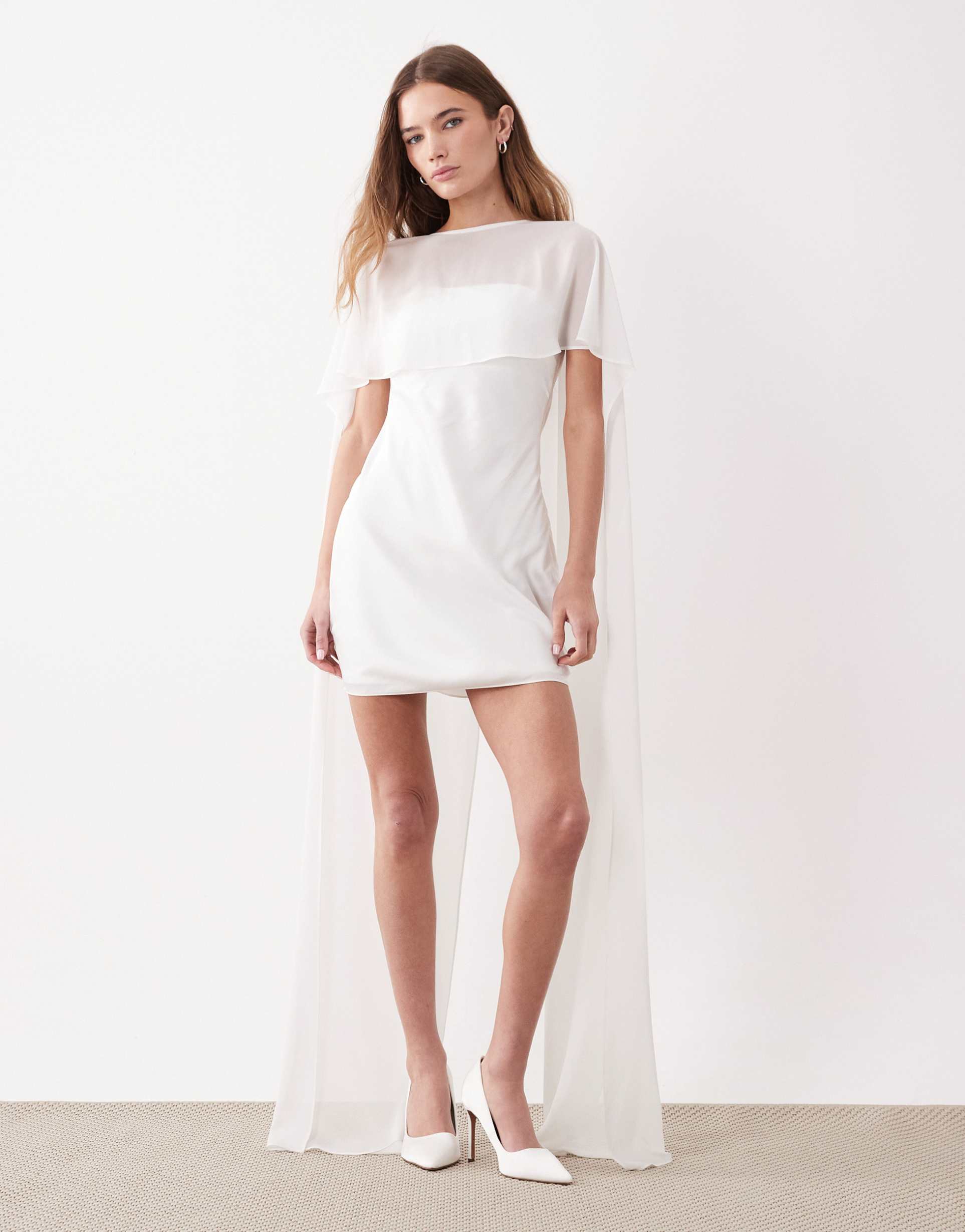 tfnc bridal satin mini dress with mesh cape in ivory