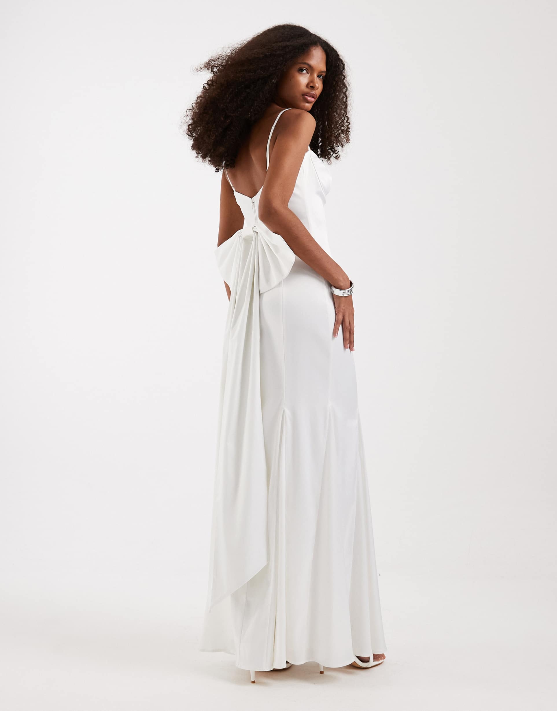 tfnc bridal sweetheart neck satin maxi dress with chiffon hem and bow back in ivory