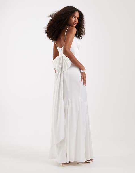 TFNC Bridal sweetheart neck satin maxi dress with chiffon hem and bow back in ivory 