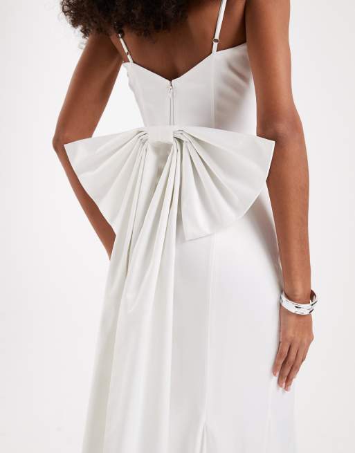 chiffon bow back dress High Slit U-Neck Chiffon Bridesmaid Dress with Ruffle Sleeves and Open Back  Bow Detail