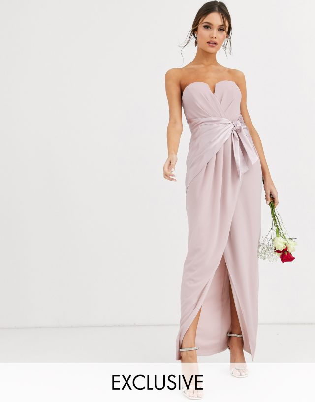 TFNC Bridesmaid bandeau maxi wrap dress with satin front detail in taupe