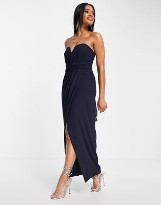 TFNC Bridesmaid bandeau wrap maxi dress in navy