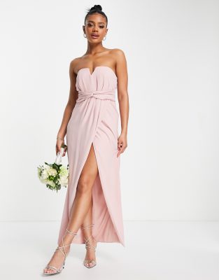 TFNC Bridesmaid bandeau wrap maxi dress with bow back in mauve-Pink