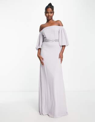 TFNC Bridesmaid bardot chiffon maxi dress with embellished waist in gray |  ASOS