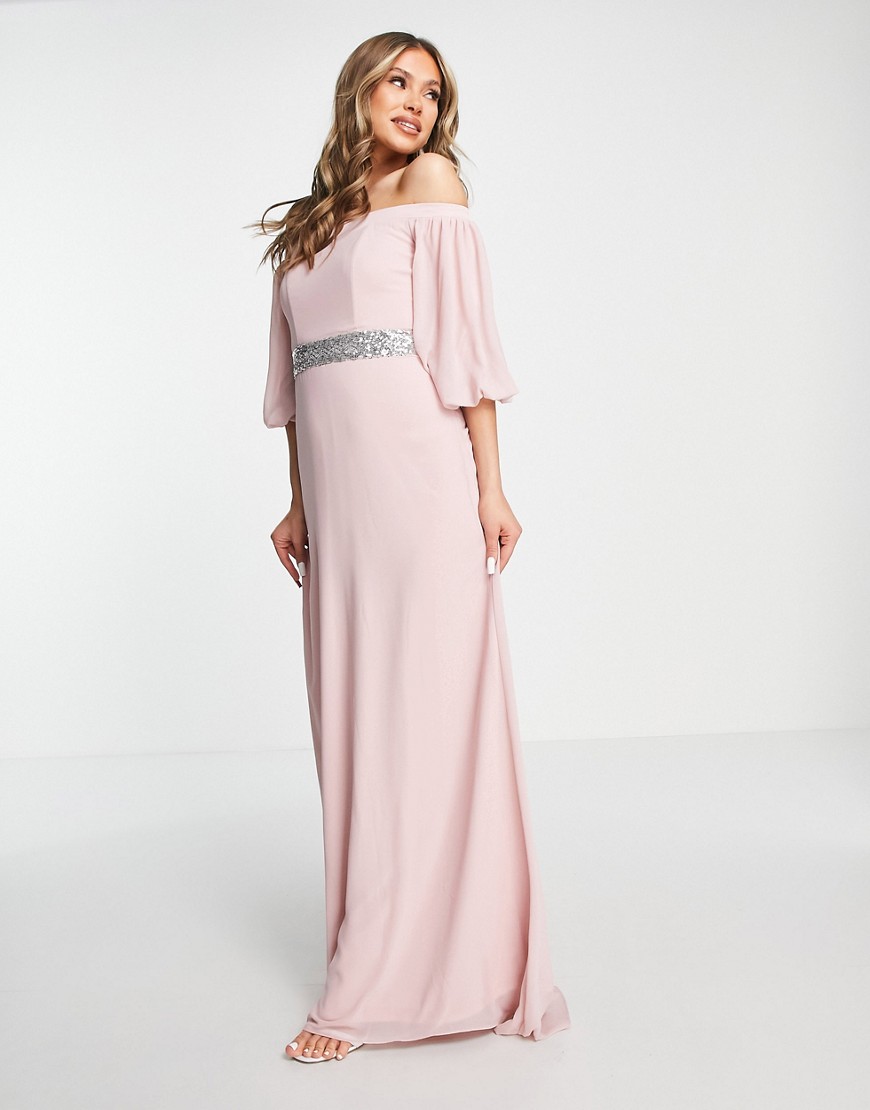 TFNC Bridesmaid bardot chiffon maxi dress with embellished waist in mauve-Pink