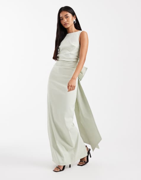 TFNC Bridesmaid bengaline maxi dress with detachable bow back in sage green - view 1
