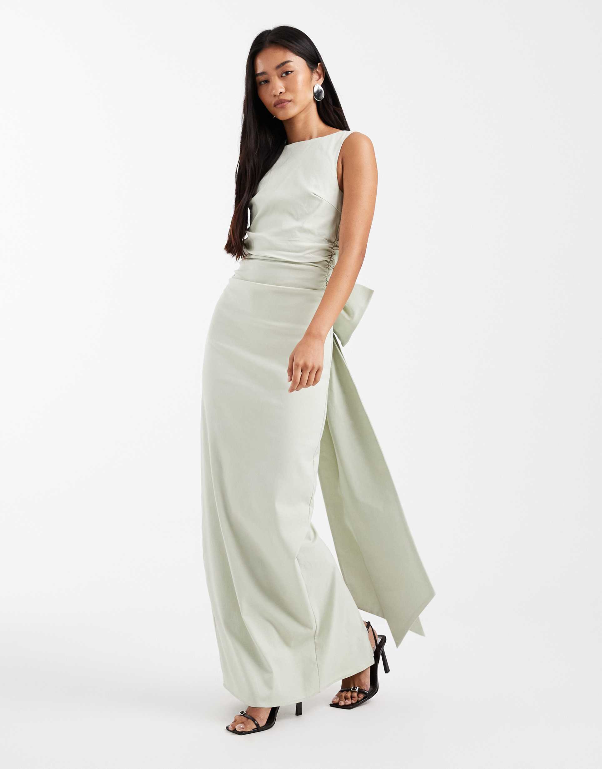 tfnc bridesmaid bengaline maxi dress with detachable bow back in sage green