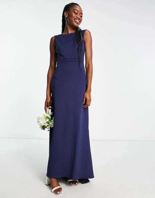 TFNC Bridesmaid bow back maxi dress in navy blue