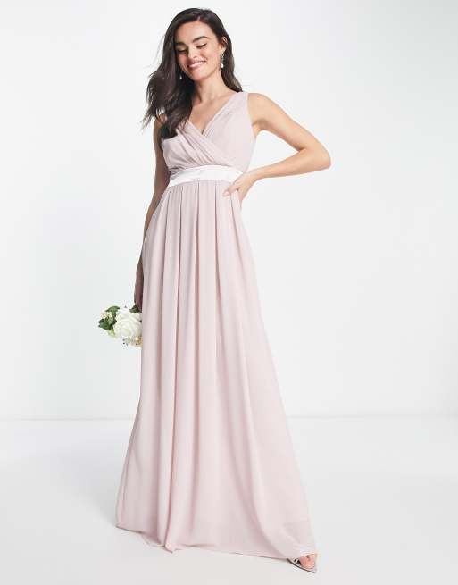 ASOS DESIGN Bridesmaid satin drape maxi dress with bow back in blush pink