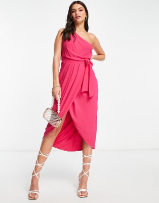 TFNC - Bridesmaid - Brautjungfern-Wickelkleid in Fuchsia-Rosa mit One-Shoulder-Träger