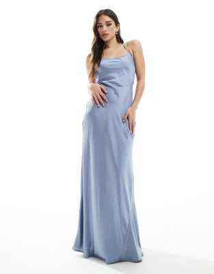 Tfnc Bridesmaid Cami Satin Maxi Dress With Chiffon Tie Back In Blue