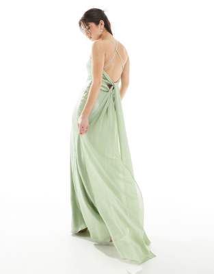 Bridesmaid cami satin maxi dress with chiffon tie back in sage-Green