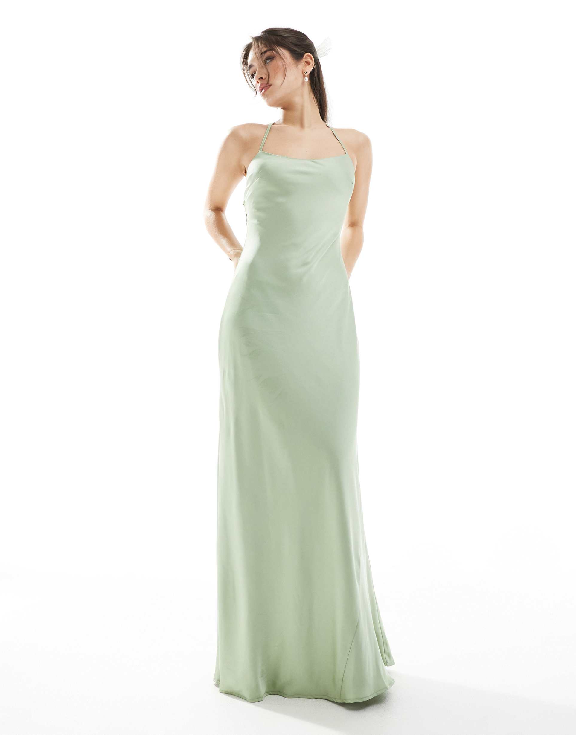 tfnc bridesmaid cami satin maxi dress with chiffon tie back in sage
