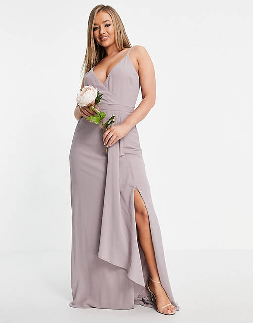 TFNC Bridesmaid cami wrap maxi dress with fishtail in light grey