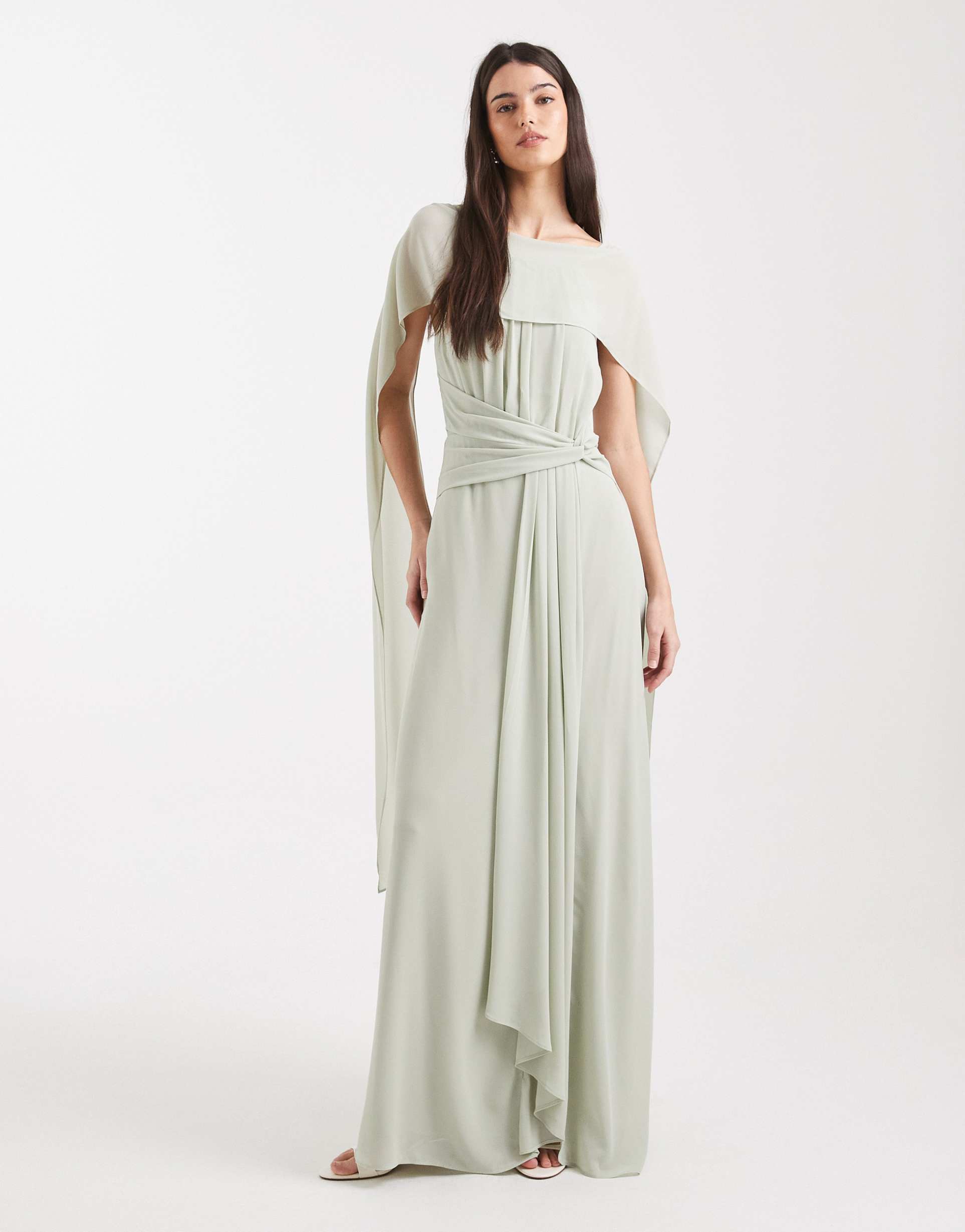 tfnc bridesmaid chiffon cape twist detail maxi dress in sage green