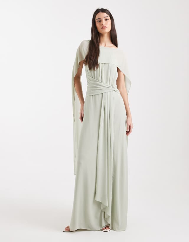 sage green chiffon bridesmaid dresses TFNC cape twist detail maxi dress in Size:Custom Size(Leave your size at