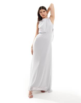 Bridesmaid chiffon cowl back maxi dress in silver